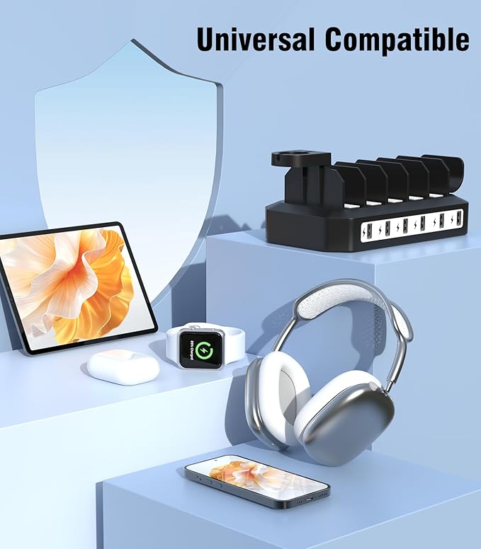 Charging Station for Multiple Devices: 6 Port USB Charger Stations - Family Multi-Device Organizer Charging Dock - Safer Designed for iPhone iPad Android Cell Phone Tablet(6 Cables Included)