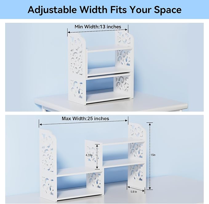 YGYQZ Desk Shelf for Top of Desk - Adjustable Desktop Organizer Shelf, Small Table Top Shelves & Desktop Shelves for Office Organization, Waterproof Bookshelf for Desk & Bathroom, White
