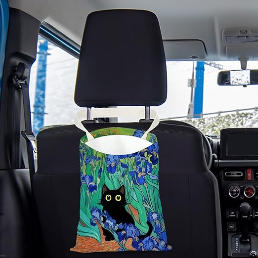 Black Cat Car Trash Bag, Car Trash Bag Hanging, Waterproof Cars Back Seat Hanging Organizer and Storage Trash Bags for Vehicle Travelling Camping Irises Decor