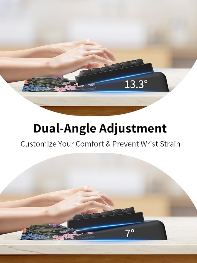 3-in-1 Ergonomic Keyboard Stand with Wrist Rest & Mouse Pad Set, Comfy Keyboard Riser Holder Soft Mousepad with Massage Design, Memory Foam and Non-Slip PU Base for Pain Relief, Flower