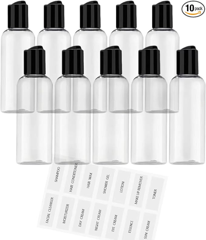 10 PCS Leakproof 3.4 Oz Travel Bottles, Cosmetic Containers, For Toiletries | Lightweight and shatterproof plastic, 1.5 in (deep) x 5 in (high), sticker accessories, Easy to carry for travel