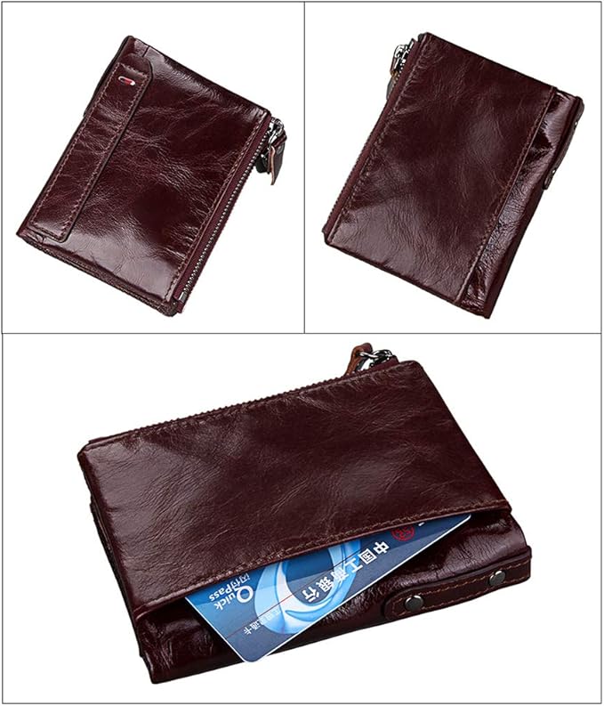 Men's Folding Double Zip Wallet RFID Blocks Retro Short Coin Purse