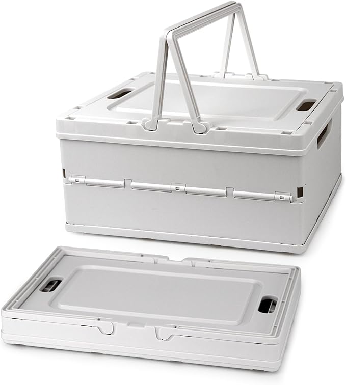 Collapsible Storage Crate, Foldable Plastic Basket with Lid and Handle, Foldable Storage Box Crate Bin for Home Kitchen Office Bathroom Bedroom Pantry (White, 2-Pack)