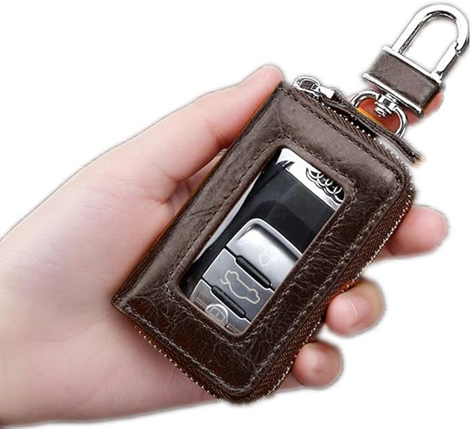BAKUN Premium Mini Leather Car Key Case, Car Smart Key Chain Holder Wallet Zipper Bag for Remote Key Fob