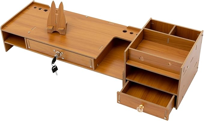 Monitor Stand Wooden Desktop Organizer with Lockable Drawers & Keys & Phone Holder Vintage Multi Compartment Desk Shelf for Home,Office (Z0801)