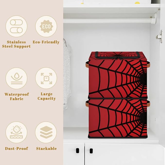 Red Web Storage Bins With Zipper Lid, Collapsible Trunk Organizer, Car Organizers and Storage Bins with Lids, Decorative Storage Boxes with Handle, Home Storage Baskets For Organizing
