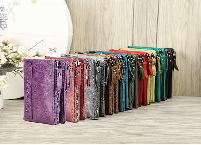 CONTACTS Soft Leather Wallet for Women Small Bifold Coin Purse Double Zipper Card Holder with RFID Blocking (Red)