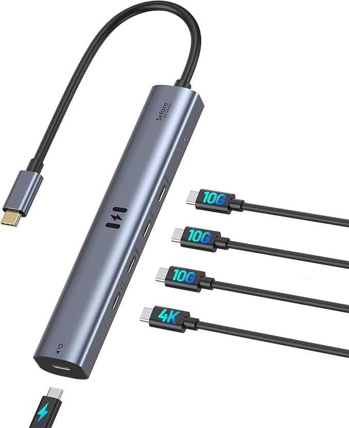 10Gbps USB C Hub with 4K@60Hz Video Display, Selore 5 Ports USB-C Splitter, C Port Data Transfer, 100W PD-in Charging, Dongle Multiport Adapter for MacBook Pro, iPad, Dell, HP, and More