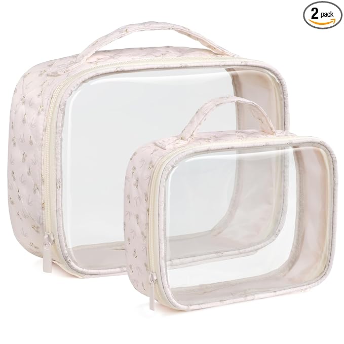 PACKISM Stylish TSA Approved Toiletry Bag Set, Flora, Clear Makeup Bag with Handle, 1 TSA Medium & 1 Large for Travel, Gift for Women, Pink Ditsy Floral