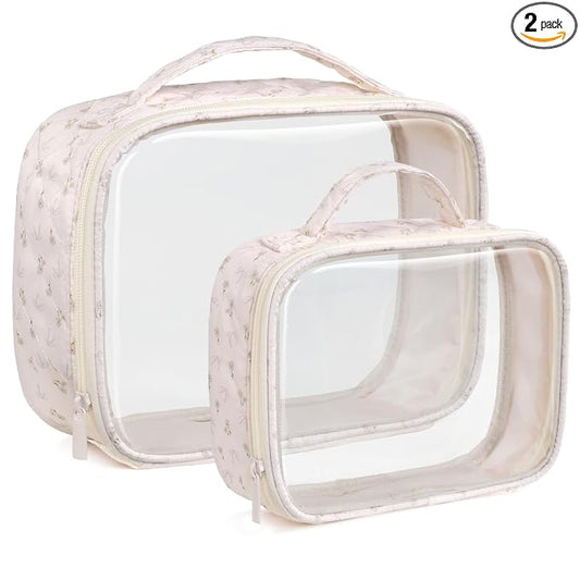 PACKISM Stylish TSA Approved Toiletry Bag Set, Flora, Clear Makeup Bag with Handle, 1 TSA Medium & 1 Large for Travel, Gift for Women, Pink Ditsy Floral