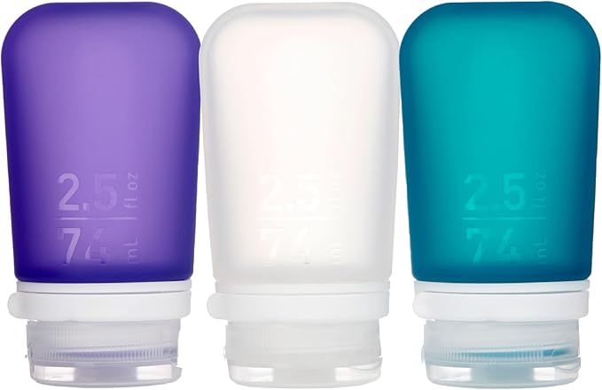 humangear GoToob+ Bottles - Silicone Leak-Proof Travel Tubes for Toiletries, Camping & TSA Carry-On (3-Pack), Medium (2.5 fl oz; 74ml), Clear/Purple/Teal