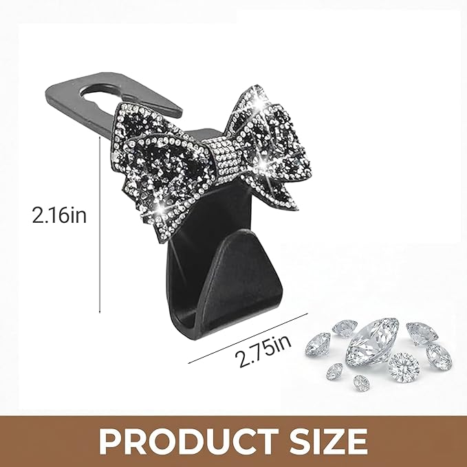 2 PCS Bling Car Seat Headrest Hooks, S-Type Crystal Rhinestone Bow, Universal Seat Back Storage for Purses Bags Groceries, Black Decorative Vehicle Organizer