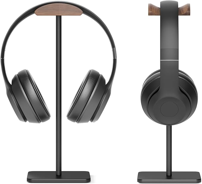 Headphone Stand for Desk - Headset Stand with Aluminum Hanger and Wooden Support, Headphone Holder for AirPods Max, Sony, Bose, Beats and More (Black)