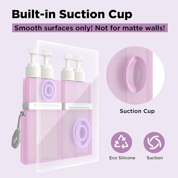 2P 4 in 1 Travel Toiletry Containers,TSA Approved Refillable Travel Size Toiletries Bottles Set with Suction Cup for Smooth Walls - for Shampoo,Conditioner,Body Wash,Lotion. (Pink+Grey)