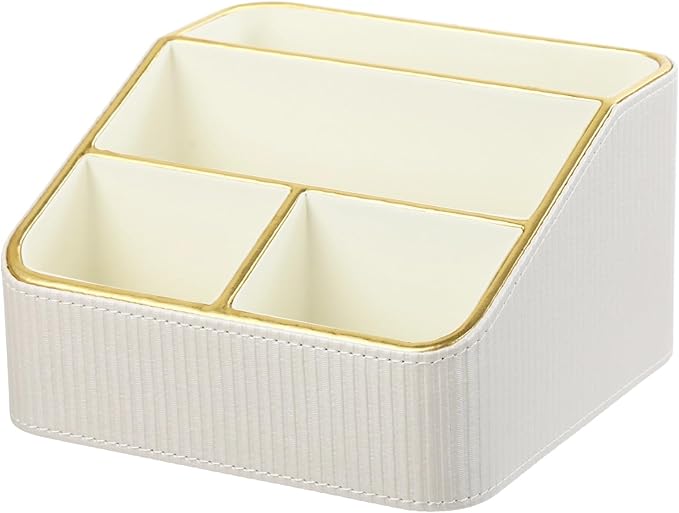 OMISTAR 4 Compartments Remote Control Holder, PU Leather Nightstand Organizer, Tiered Bedside Caddy, Desktop Storage Container for Stationery Office Supplies, Stylish Vanity Tray for Makeup