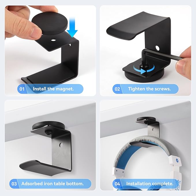 Magnetic Headphone Holder, Headset Hooks, Aluminum Headphone Hanger for Desk & Table, Headphone Mount Stand with Rubber Pad, Compatible with All Gaming Headsets (Black)