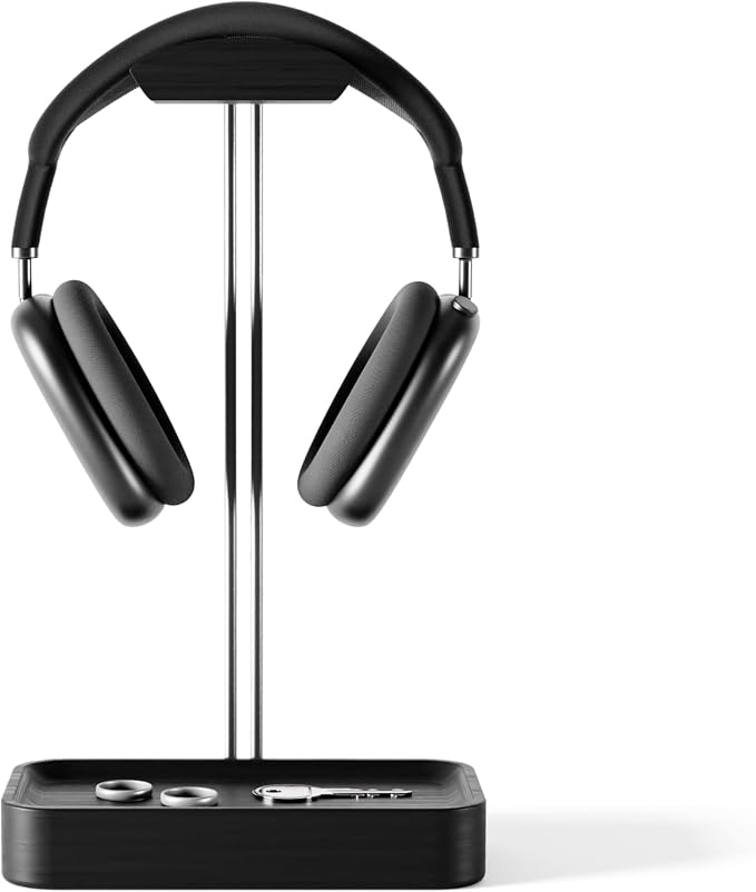 Raico Headphone Stand with Catchall Tray Base Premium Showpiece Headset Holder with Storage Solid Wood (Black Wood)