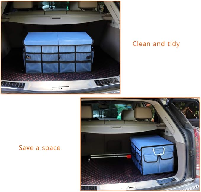 Car Trunk Organizer Collapsible Portable Multi Compartments Organizer with Non Slip Straps for SUV Truck Auto Vehicle Car Auto Minivan (Large covered, Blue)