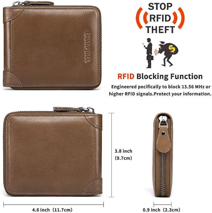 Mens Genuine Leather Zipper Wallet RFID Secure Large Capacity Double Fold Multi-card Leather Wallets for Men and coin purse