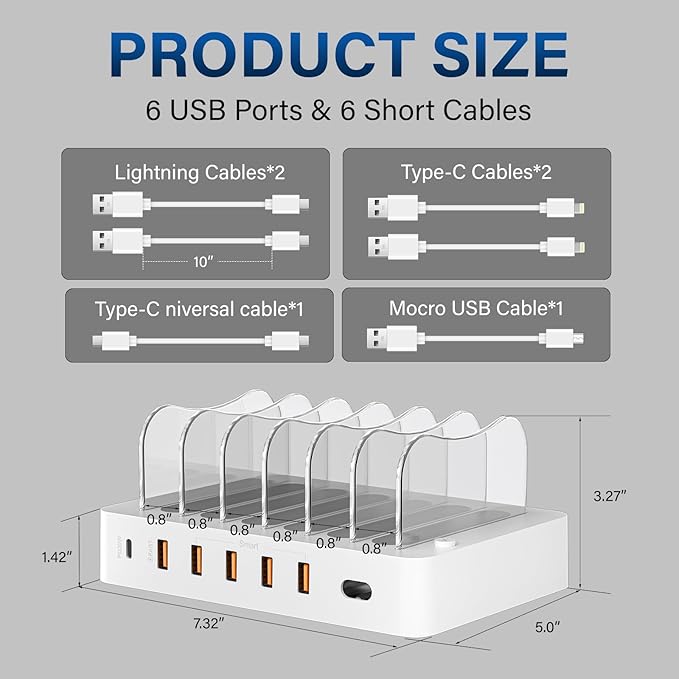 Charging Station for Multiple Devices,68W 6 Port 20W Fast Phone Charger Dock with 6 Cables, Compatible with Apple Cellphone iPad iPhone Tablet and Other Electronic(White)
