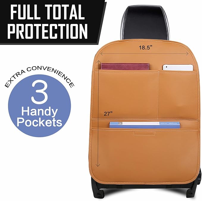 Kick Mat Back Seat Protector， Waterproof Leather Car Seat Back Organizers Cover with 3 Storage Pockets for Kids Pets SUV Sedan Minivan Truck Car Travel Accessories (Cayenne Yellow 2-pack)