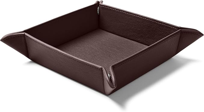 Leatherology Brown Rectangle Valet Tray – Travel-Friendly Catchall Organizer with Snap Corners, Stitched Edge Detail & Gift Box – Desk Tray for Keys, Wallet, Watch & Accessories