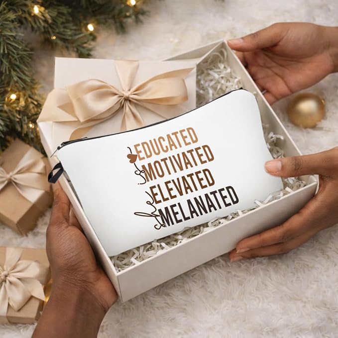 Educated Motivated Elevated Melanated Makeup Bag for Black Women – Inspirational Cosmetic Pouch for Travel, Graduation Gift, College Student, Empowerment Gift for Her