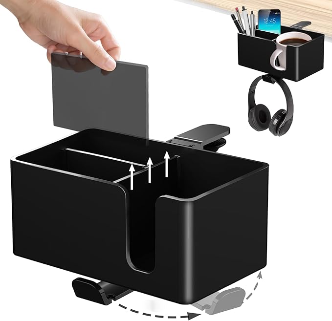 Yinqster 2/3/4 in 1 Desk Cup Holder and Headphone Hanger,Clip on Cup Holder with Rotating Headphone Stand & 2 Wire Holes,Detachable Side Desk Organization for Table,Office Accessories