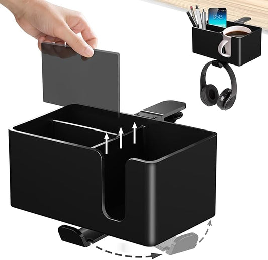 Yinqster 2/3/4 in 1 Desk Cup Holder and Headphone Hanger,Clip on Cup Holder with Rotating Headphone Stand & 2 Wire Holes,Detachable Side Desk Organization for Table,Office Accessories