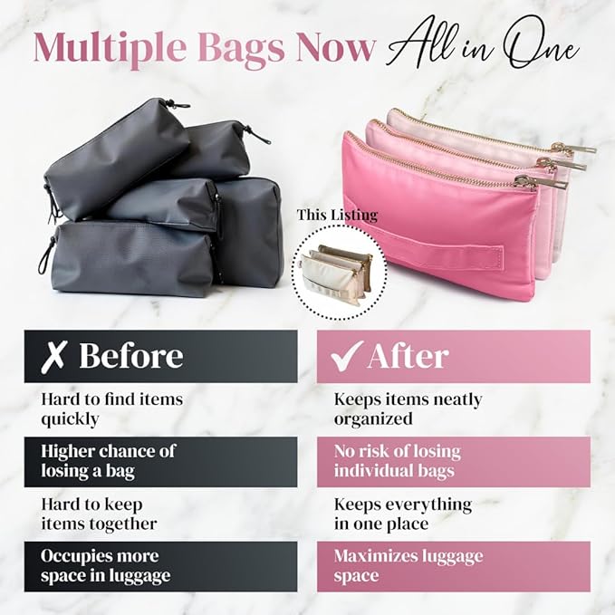 BOBBIE Accordion Travel Makeup Bag, Large Capacity Cosmetic Bags for Women, Durable & Compact Make up Organizer, Lightweight & Portable Zipper Pouch, Water-Resistant Toiletry Bag with 3 Compartments
