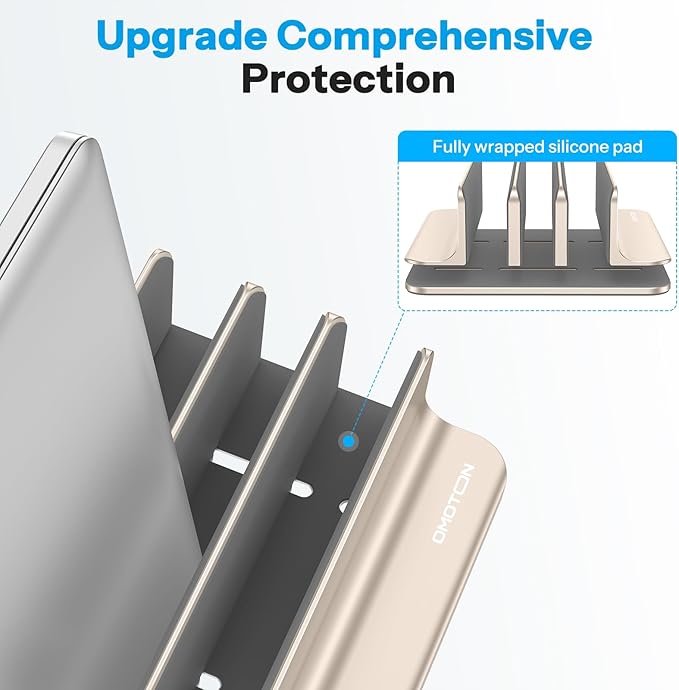 OMOTON Vertical Laptop Stand [Updated 3-Slots Version], Desktop Aluminum Mac Book Stand with Adjustable Dock Size, Fits All Mac Book, Chrome Book and Gaming Laptops (Up to 17.3 inch), Starlight