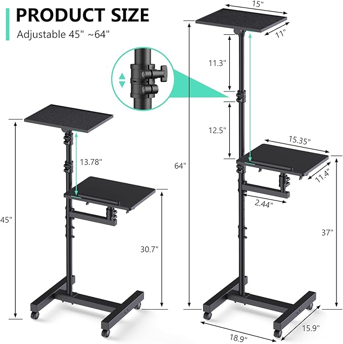 Projector Stand Tripod: 2 Shelves Mobile Laptop Cart Adjustable Height 45 to 64 Inches, Rolling Laptop Stand Cart with Ventilated Tray, Projector Tripod Stand on Wheels for Couch, Bedside, Meeting
