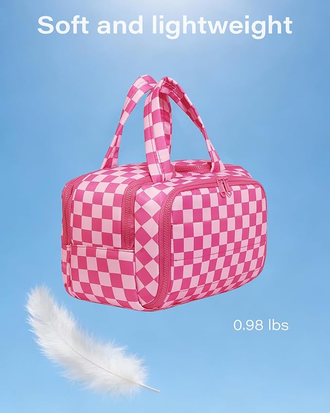 Travel Toiletry Bag, Spacious Hot Pink Checkered Toiletry Bag for Women,Large Toiletry Bags for Traveling,Lightweight Travel Cosmetic Makeup Bag Organizer for Accessories,Toiletries (Pink Checkered)