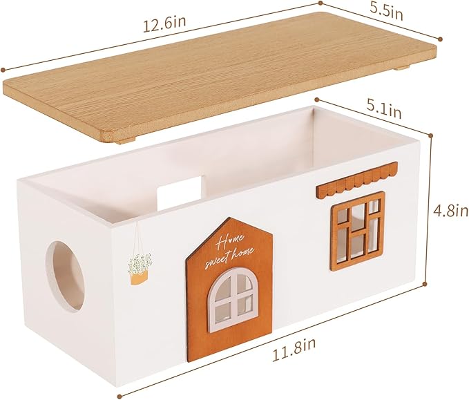 Cable Management Box, Wood Extension Cord Organizer, Handmade Power Strip Box for TV Computer Wire USB Hub System, Surge Protector Cord Hider Box on Desk or Floor (Medium)