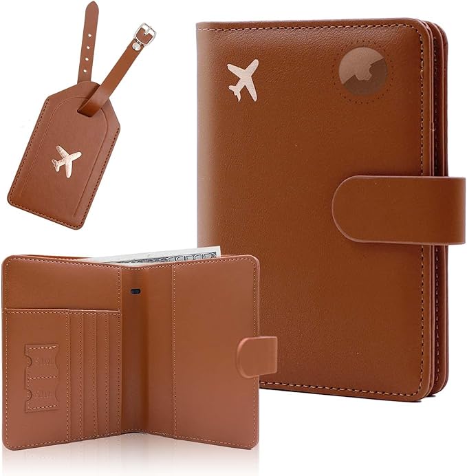 Melsbrinna Rfid Passport Holder for Travel women/Men Set Travel Suitcase Tag, Cute Passport Wallet Rfid Blocking Card Slots, Rfid Passport Cover/CaseTravel Wallet (A-brown)