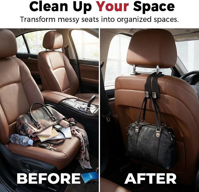 Car Seat Back Storage Hook, 2026 New Car Seat Headrest Hook for Purses and Bags, Leather Car Seat Back Storage Hooks, Car Seat Hangers Organization Accessories (Brown 4pcs)