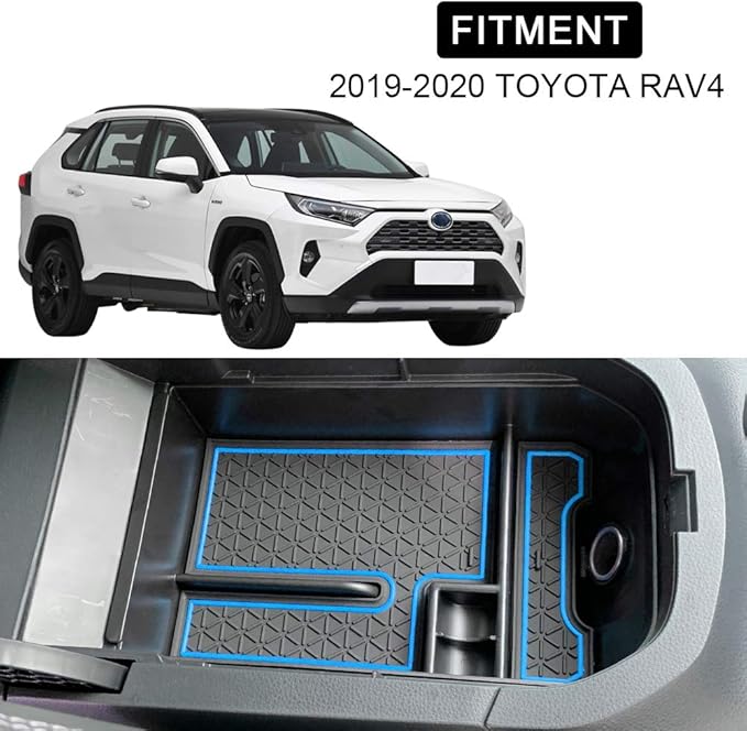 D-Lumina RAV-4 Center Console Organizer - Compatible with 2019 2020 2021 2022 2023 2024 2025 Toyota RAV4 - Armrest Secondary Storage Tray, w/Blue Anti-Dust Mats