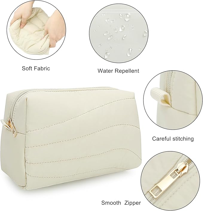 Travel Makeup Bag for Women, Small Cosmetic Bags Organizer Toiletry Bag, Nylon Pouch Travel Essentials Toiletries Accessories Brushes, Beige