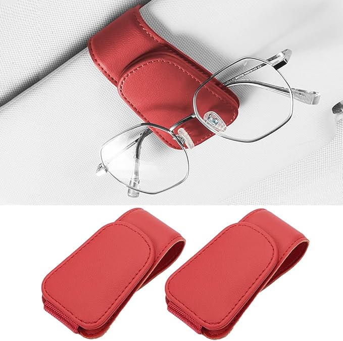 2 Packs Sunglass Holder for Car Sun Visor, Magnetic Eyeglass Hanger Clip for Car Visor, Leather Car Glasses Mount, Car Interior Visor Accessories (Red-2Pcs)