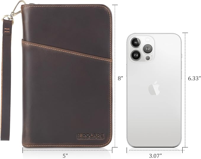 Polare Full Grain Leather Travel Passport Holder RFID Blocking Cover Case Travel Document Organizer Wallet Holders 2 Passports With YKK Zipper (Dark Brown with AirTag Slot)