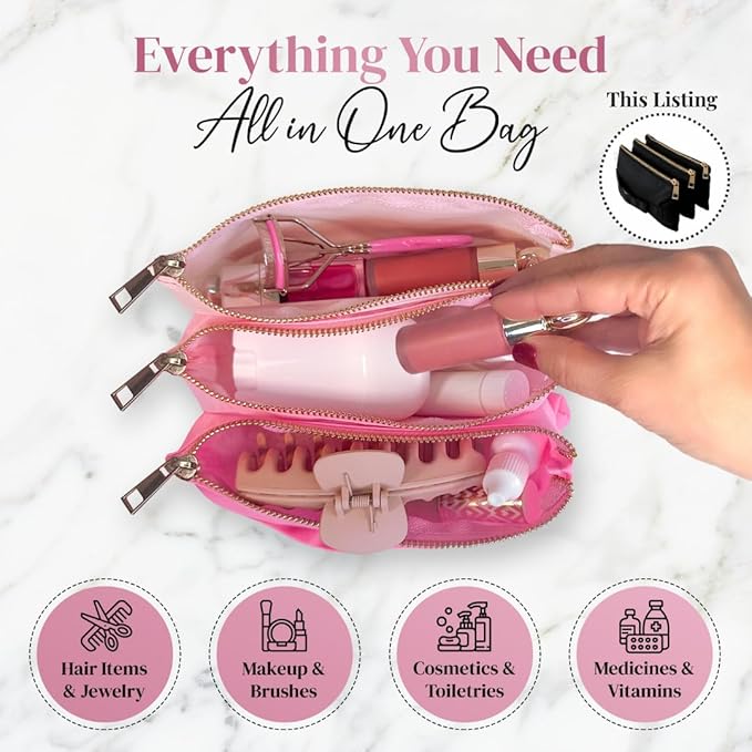 BOBBIE Accordion Travel Makeup Bag, Large Capacity Cosmetic Bags for Women, Durable & Compact Make up Organizer, Lightweight & Portable Zipper Pouch, Water-Resistant Toiletry Bag with 3 Compartments