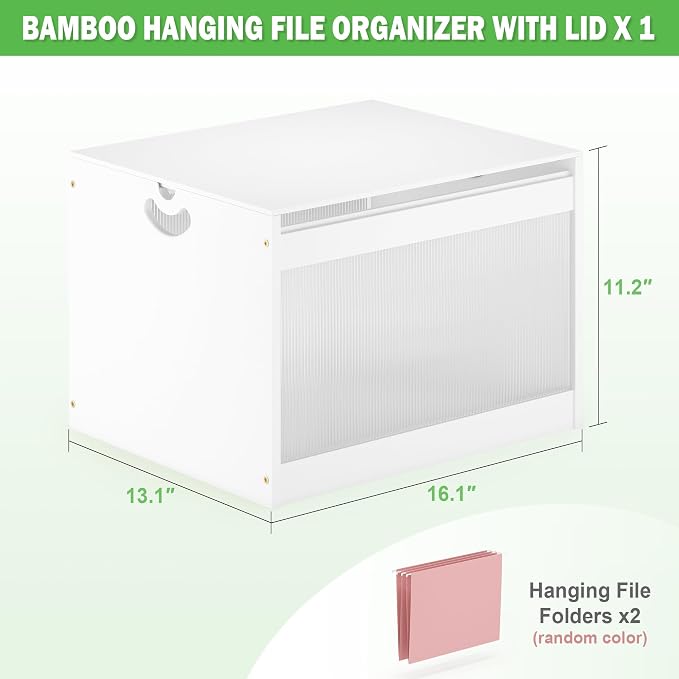 Hanging File Box Organizer for Letter Size, Bamboo Acrylic File Folder Storage with Lid Clear Moving Boxes Wooden with Handle Desktop Wood Filing Holder for Office Banker Document White 1 Pack
