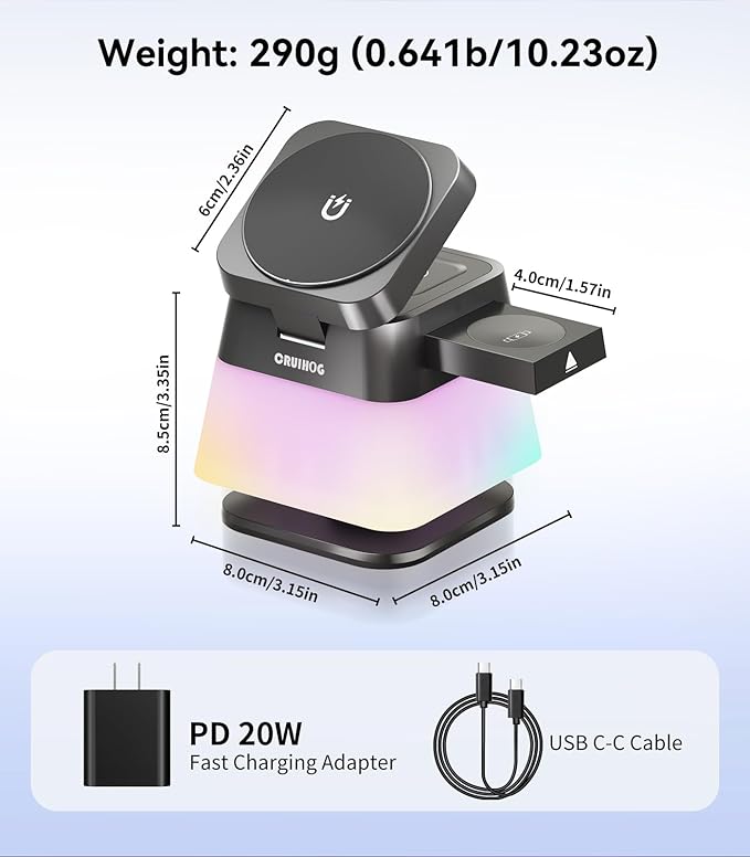 4 in 1 Wireless Charging Station,Charger Stand with Night Light for iPhone17/16/15/14/13/12,Airpods,Watch(20W Adapter),Magnetic Charging Station for Apple