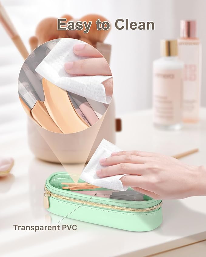 Soimeat Clear Travel Makeup Brush Holder, Leather Makeup Brush Toiletry Bag, Portable Cosmetic Brush Case, Transparent Waterproof Makeup Brush Storage Bag, Mint Green