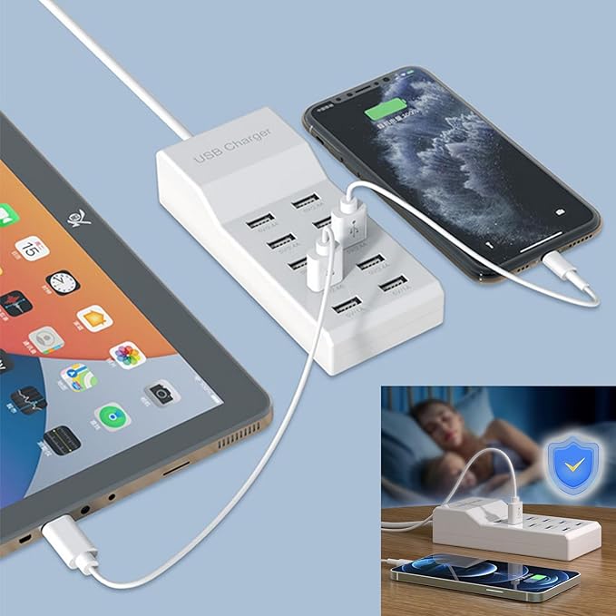 USB 10 Port Desktop Portable Charging Station, Suitable for Charging Multiple Devices simultaneously, Super Compatible with Mobile Phones, Tablets, Bluetooth Earphones, and Other USB Charging Devices