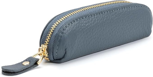 Full Grain Leather Coin Pouch - Travel Small Coin Purse with Zipper - Mini Key Pouch Change Purse for Women and Men (Navy Blue)