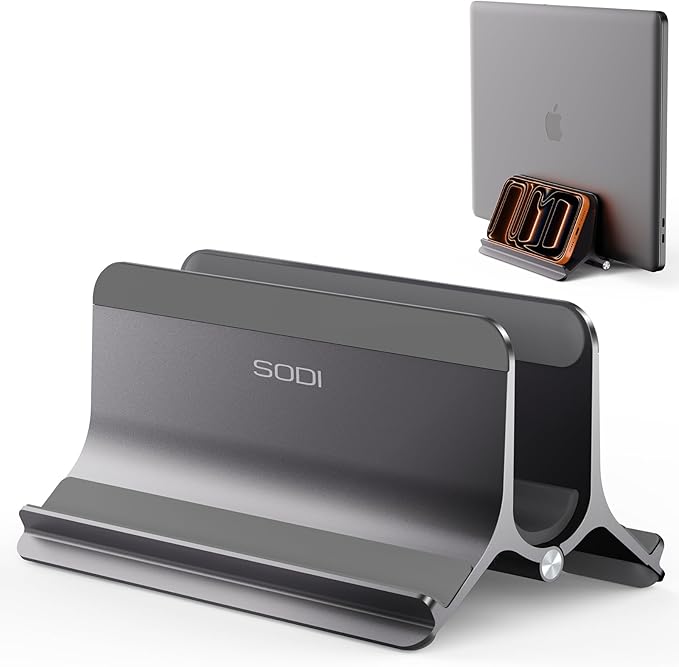 SODI Vertical Laptop Stand for Desk, Aluminum Laptop Holder Compatible with MacBook Pro, MacBook Air Stand Up to 17 inch, Gravity Auto-Lock Cooling, 3in1 Space Saving Desk Organizer Accessories, Gray