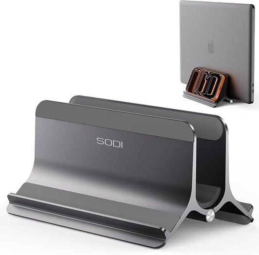 SODI Vertical Laptop Stand for Desk, Aluminum Laptop Holder Compatible with MacBook Pro, MacBook Air Stand Up to 17 inch, Gravity Auto-Lock Cooling, 3in1 Space Saving Desk Organizer Accessories, Gray
