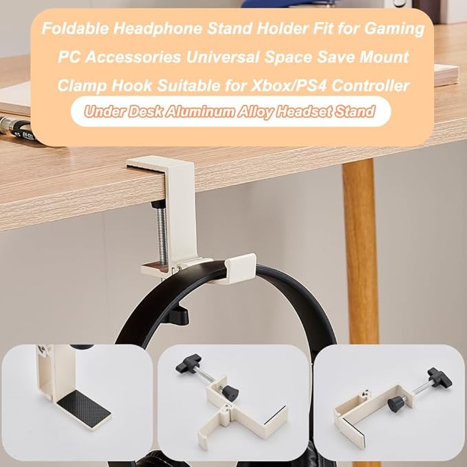 Foldable Headphone Stand Hanger Holder Under Desk Aluminum Alloy Headset Stand Fit for Gaming PC Accessories Universal Space Save Mount Clamp Hook Suitable for Xbox/PS4 Controller Office Computer Desk