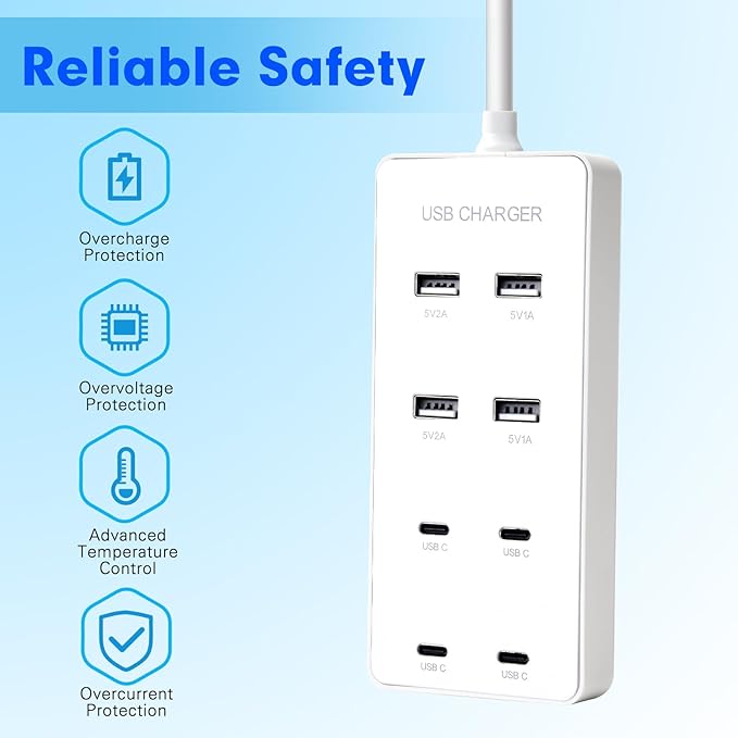 USB Wall Charger USB C Charging Station for Multiple Devices 8-Ports Charging Hub Strip Smart Charger Block Compatible with iPhone, Galaxy, iPad Tablet, and Other Devices